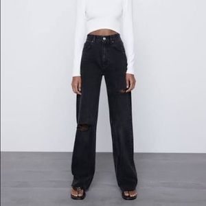 Zara Wide Leg Full Length Ripped Jeans - Black